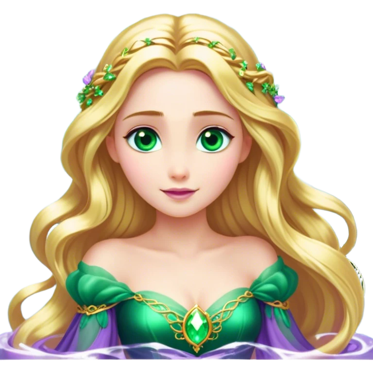 Cinematic Stunning Rapunzel Portrait Emoji, Golden hair cascading in a luminous waterfall, big emerald-green eyes full of wonder, wearing her iconic purple gown, radiating beauty and magic, glowing with fairy-tale charm! emoji