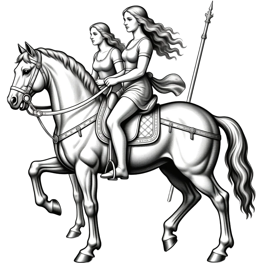 cinematic realistic -  thin women as riders of the Apocalypse, after a graphic by Albrecht Dürer in a desolate landscape on horse skeletons emoji
