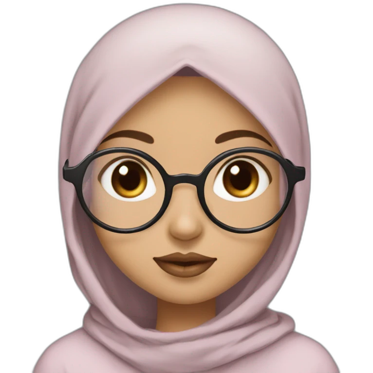 Hijab black color white fair skin girl brown eyes wearing round circular metal glasses, no make up, big cheeks, almond eyes, small pink lips, triangle nose emoji