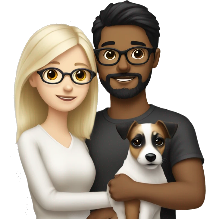 A White blonde girl and a white boy with black hair, glasses, a little Beard and moustache, both cuddling a jack Russell emoji