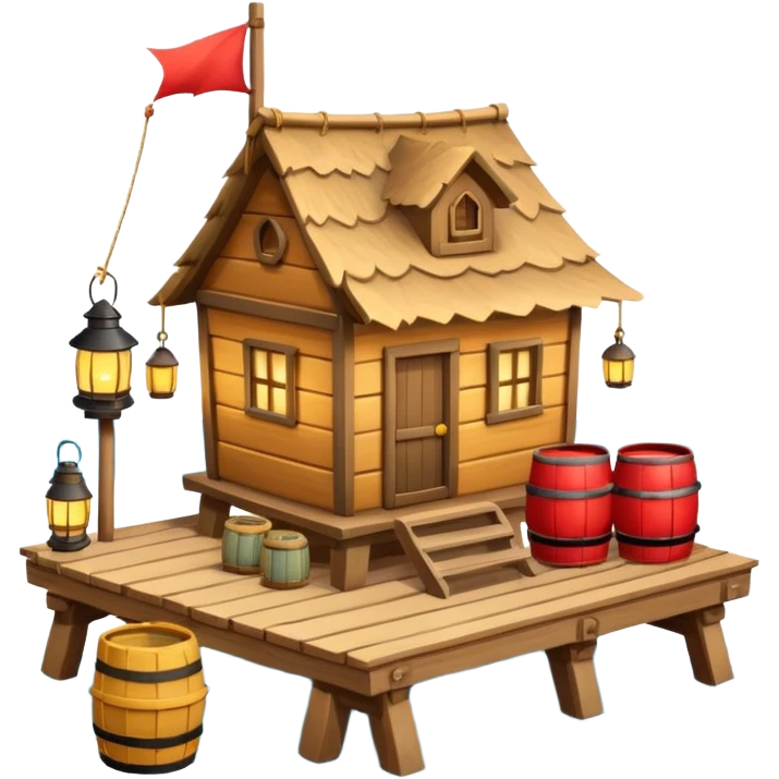 
fisherman house on a wooden pier, small dock, fishing nets hanging, barrels, lantern, ocean vibe, 3D cartoon, cute mobile game icon, clean background, no text
 emoji