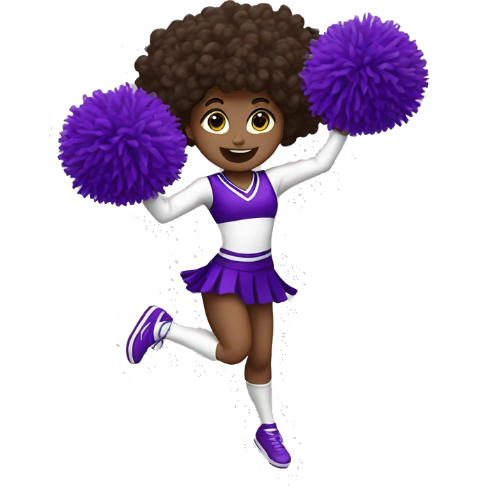 Caucasian cheerleader with dark brown curly hair, jumping and holding up two purple Pom poms, small full body emoji emoji