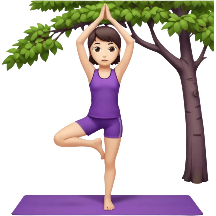 Девушка с короткими волосами до плеч русого цвета, пробор по посередине головы есть чёлка, с черными бровями, карие глаза, у неё фиолетовый спортивный костюм с майкой и шортами, она занимается йогой в позе дерева emoji