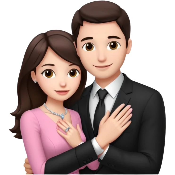 Brunette girl, with an engagement ring on her finger hugging a handsome man, (her boyfriend) both of them happy, she’s wearing a pink dress, he is wearing a black suit, he’s also a rich businessman, and there is the 💜 purple heart emoji on top. They look in love with each other.  emoji