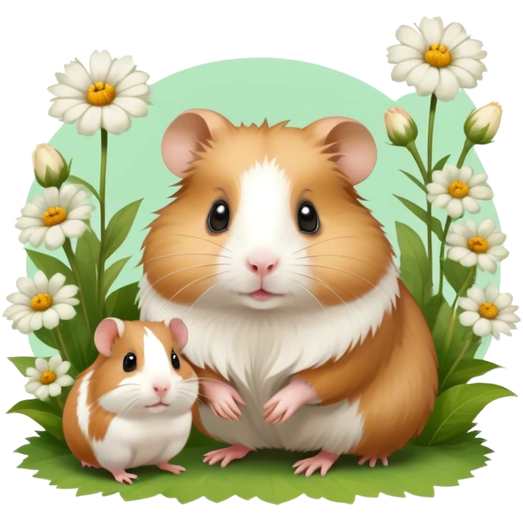 Icon for Hamster and Guinea Pig: A portrait-style collage with a fluffy hamster with soft fur, looking curious, and a friendly guinea pig with long, smooth fur, both on a soft green background with flowers and soft light. Transparent background. emoji