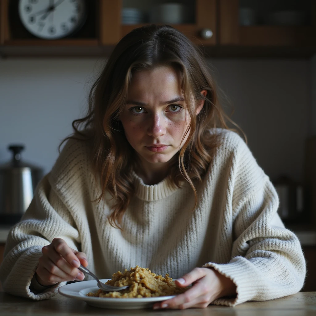 frail young woman in oversized sweater, pushing cold food on plate with fork, dark circles under eyes, kitchen clock at 3PM, natural light highlighting gaunt features, hyperrealistic 4K scene emoji