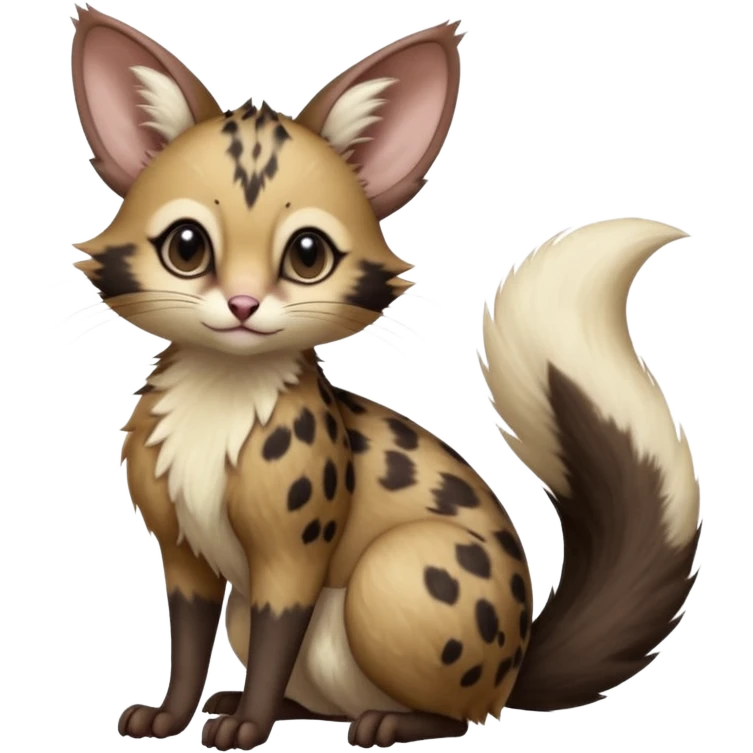 Brown, black-pointed, soft natural realistic romantic vintage antique divine beautiful elegant pretty precious cute young youthful  Fakémon-Pokémon-opossum-feline-mouse-serval-caracal-chinchilla-Minccino-Cinccino-Meowstic-rodent-hybrid-creature with a big fluffy bushy tail (full body) emoji