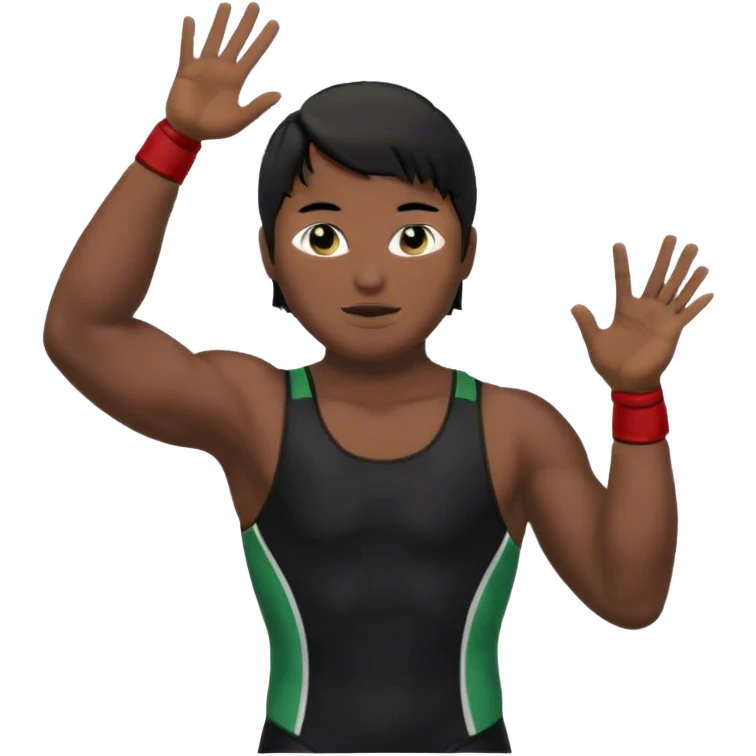 Wrestler with laurel wreath on head, right hand is up, black hair, black eyes, black wrestling suit with fit body emoji