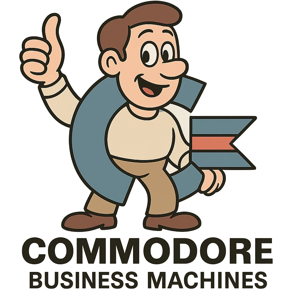 Commodore Business Machines logo, classic 1980s style, bold C with red and blue stripes, minimal, flat vector style emoji