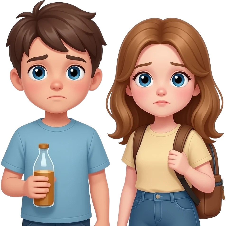 chico y chica  cansados el chico castanyo i con pelo corto y la chica pelo suelto y un poco rubia pero castaño avellana y los dos tienen ojos azules son hermanos con uno una botella i otro una mochila. estan depie. emoji