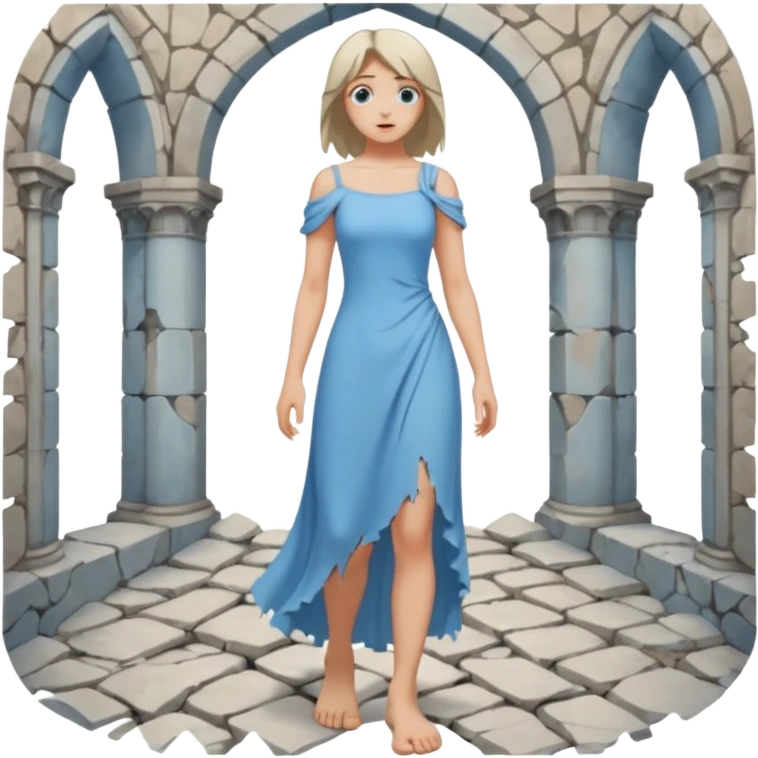 Female figure standing barefoot in ruined cathedral, dress slipping from shoulder emoji