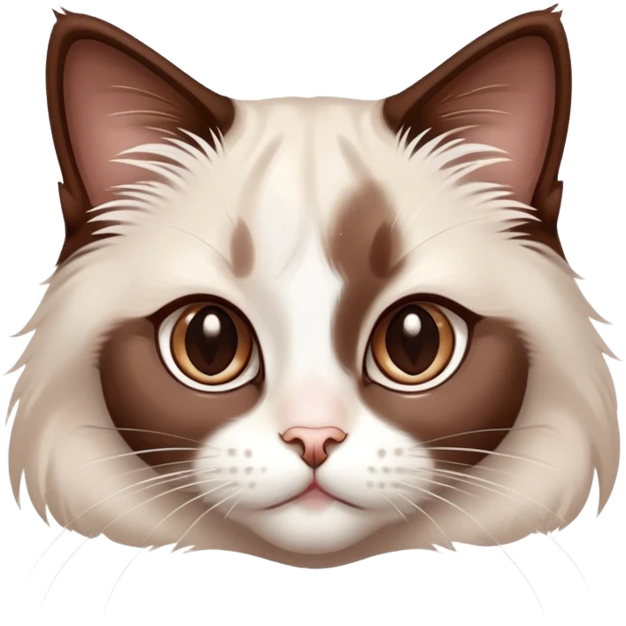 Cinematic Adorable Chocolate-Point Ragdoll Cat Portrait Emoji, Head tilted cutely with big, sparkling eyes, sleek brown and white tones with a sweet white nose, Simplified yet irresistibly adorable features, highly detailed, glowing with a soft, warm glow, high shine, affectionate and playful, stylized with a touch of whimsy, bright and endearing, soft glowing outline, capturing the essence of a curious and loving kitten, so cute it feels like it could leap out of the screen and snuggle up for a cuddle! emoji