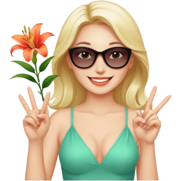 Professional sexy woman smiling holding lilies posing in shades  and flashing peace sign fingers emoji