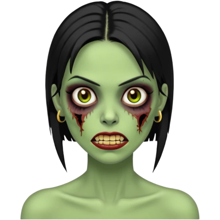 Faça uma zombie mulher bonita verde com olhos castanhos cabelos pretos liso com estilo y2k e com dentes de ouro emoji