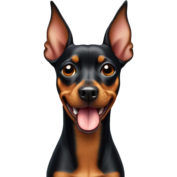 a pinscher dog looking up with its tongue out of its mouth and its ears back
 emoji