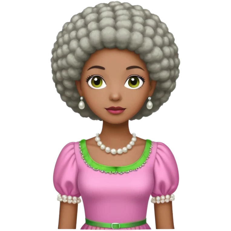 Pretty Brown woman with a very very short stylish gray Afro  wearing pink and green dress  and pearl blouse with sleeves emoji