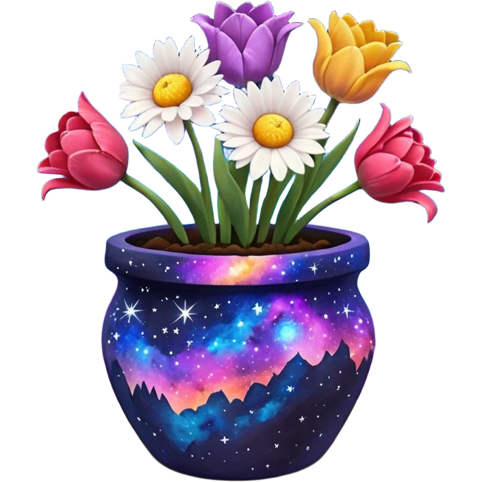 Galaxy Painted flower clay pot of Space Petalled Daisies, Nebula Petalled Roses, And Milky Way Petalled Tulips, emoji