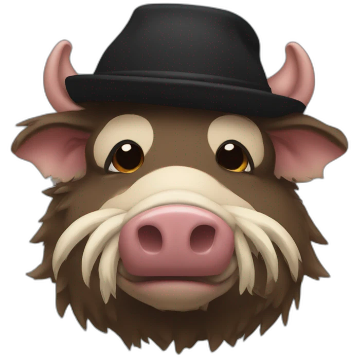 Sad brown stubble boar with tusks in black winter hat emoji