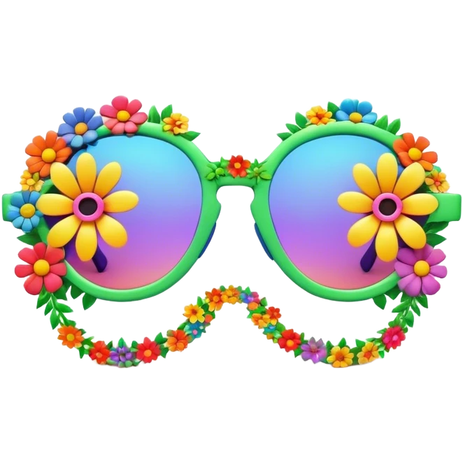 3D, psychedelic colored sunglasses made out of hippie style flowers emoji