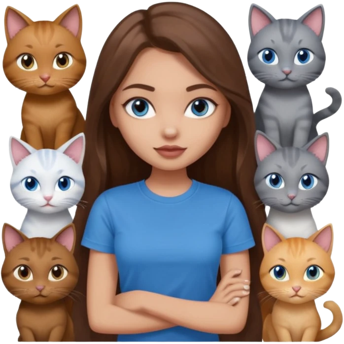 a pretty bratz dusky light skin girl with long brown hair, blue eyes with six cats nd wearing a grey tshirt emoji