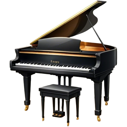 Icon for Musical Theater: a stage with a grand piano, musical notes, a spotlight, and theatrical curtains. The icon should represent the fusion of music and theater, with emphasis on performance and orchestration. Transparent background. emoji