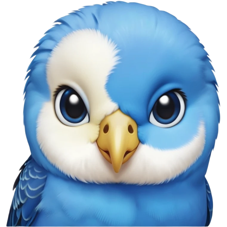 cinematic-cute-blue-budgie-portrait-emoji,-head-tilted-playfully-and-inquisitively,-featuring-a-brilliant-blue-feathered-fur-and white face-with-a-natural-sheen,-round,-sparkling-dark-eyes-filled-with-curiosity,-simplified-yet-irresistibly-adorable emoji