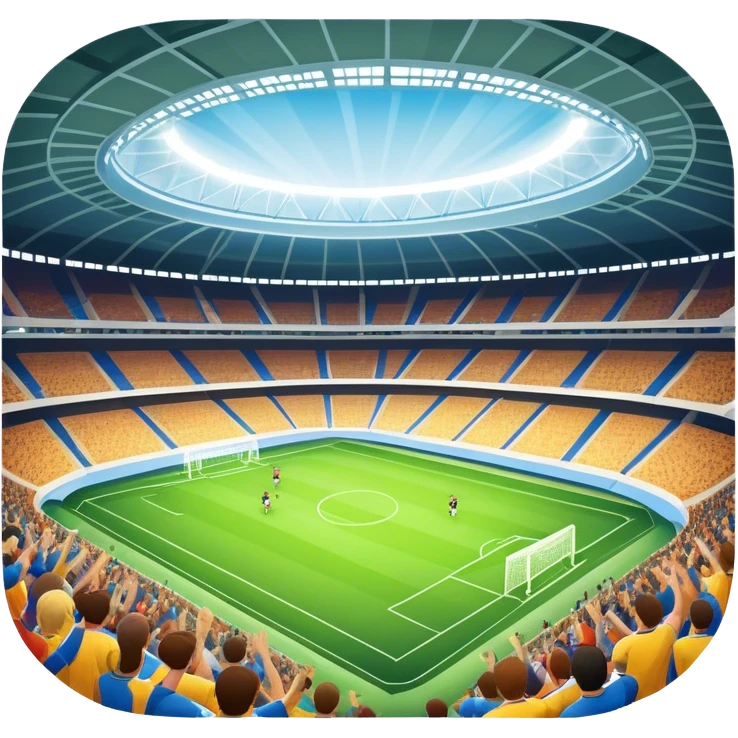 An icon showing a large, beautiful indoor stadium with soccer players on the field, actively playing. Fans cheer from the stands, creating a vibrant and energetic atmosphere. Bright lights shine down on the action, symbolizing the excitement of live sporting events. Transparent background. emoji