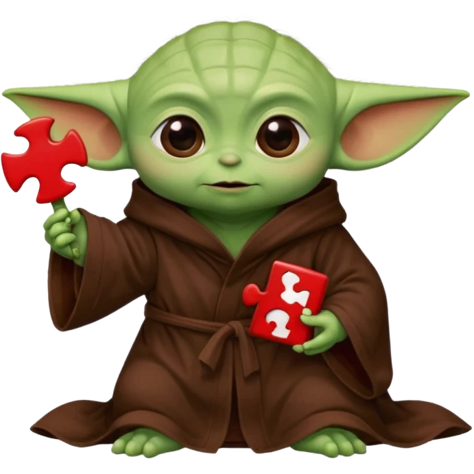 Baby Yoda con su tunica clasica chocolate sosteniendo una pieza de rompecabeza color rojo que diga Valores emoji