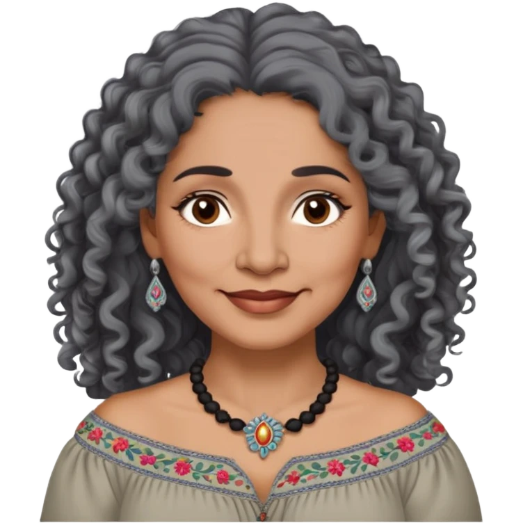 Latina woman, about 55 years old, dark warm brown skin, round soft face, long curly black and gray hair, no headband, medium eyes, thin eyebrows, gentle smile, gray peasant blouse with embroidery, bare shoulders, large dark necklace emoji