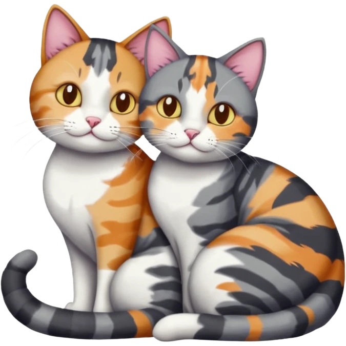 full body colourful light patched calico + white tabby cat cuddling a bigger cat that is dark grey and white tabby cat  and they are in love emoji