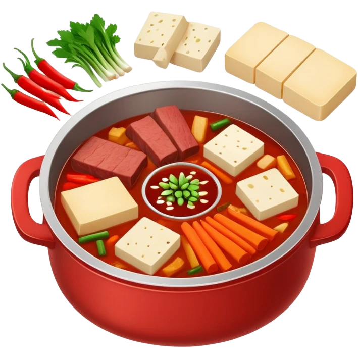 Chongqing Nine-grid Hot Pot with divided sections and spicy red broth, simplified emoji style with bold outlines and bright colors, cartoon style square Jiugongge Huoguo emoji