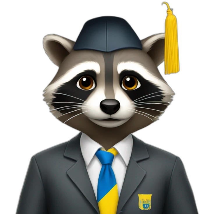A raccoon student in a suit in the color of the Ukrainian flag in a square academic cap emoji