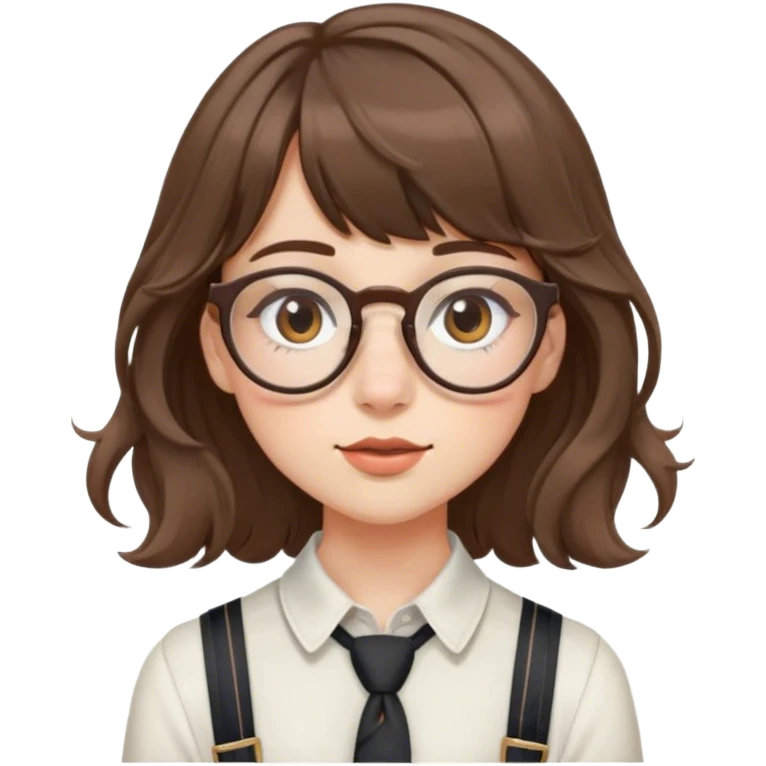 A girl with fair skin, single eyelids, a small nose, a small mouth, thin-framed glasses, bangs, brown wavy hair, and suspenders emoji