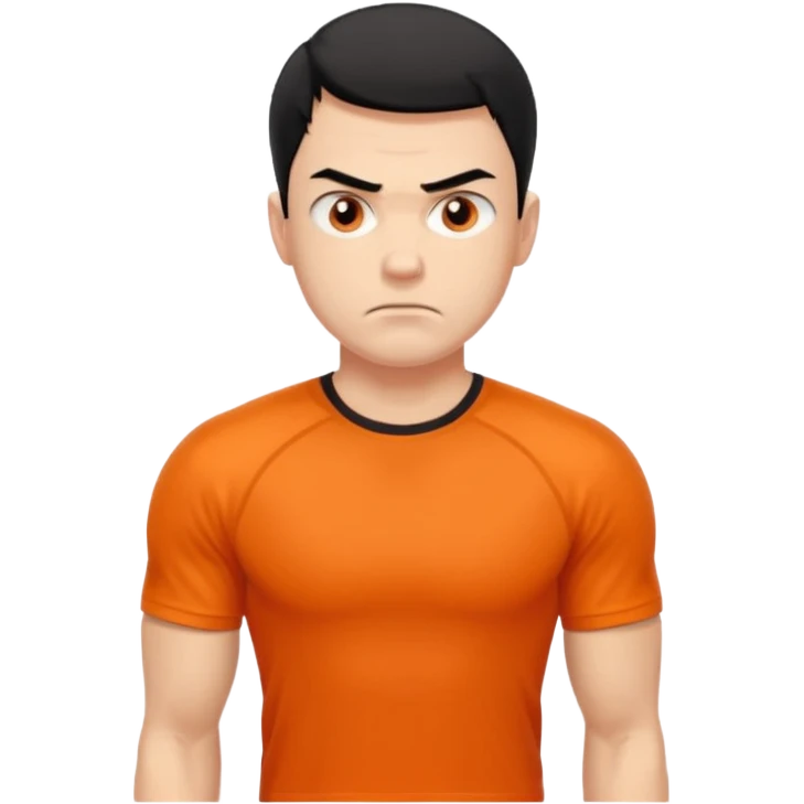 Mach mir einen unglücklichen typen der im gym trainert und viele muskeln hat mit einem orangen sport thshirt und schwarzen kurzen haaren emoji