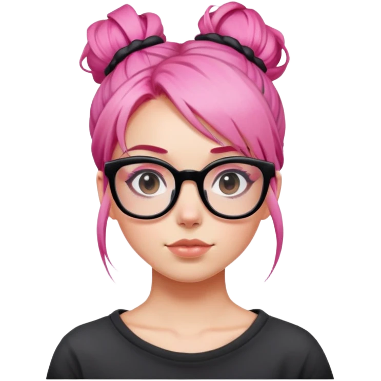 Girl with pink hair in a messy bun and big square black glasses emoji