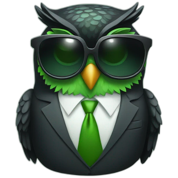 smiling black and green owl in a suit with cool sunglasses emoji