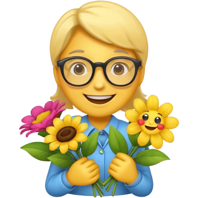 Create a yellow emoji holding flowers and wearing glasses with a joy expression emoji