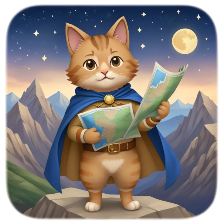 Explorer cat holding a map, mountains and stars in background, wearing light clothes and cape blowing in wind, looking into distance emoji