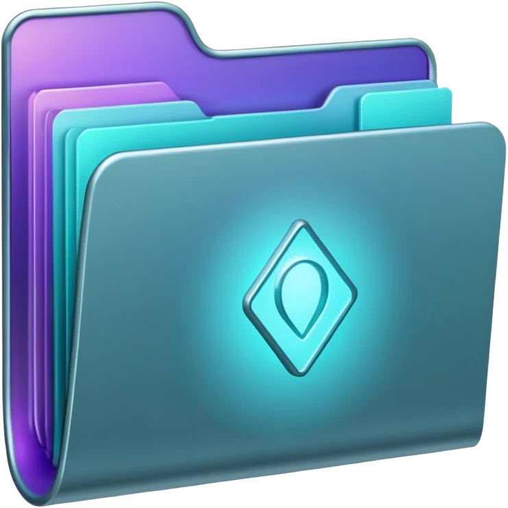A minimalist glowing folder icon floating on a soft beige background, with subtle purple and teal lighting. The folder is slightly open, and a gentle magical light glows from inside — representing creativity and mystery. emoji