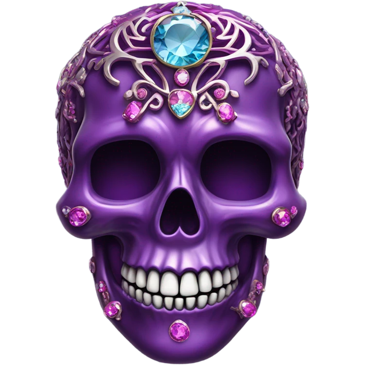 Realistic isolated metallic ornate dark purple,magenta,light blue,and hot pink filigree skull decorated with shiny diamonds and rhinestones.  emoji