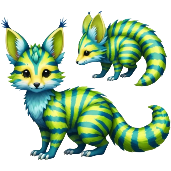 Feral Rare Fantasy vibrant tropical Vernid-Trico-species by LiLaiRa, random markings, tufted tail, tufted ears, full body emoji