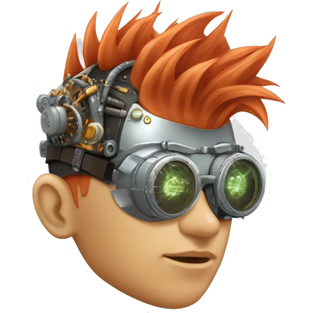 Light red Mohawk hair male cyborg head with white steampunk goggles and circuits emoji