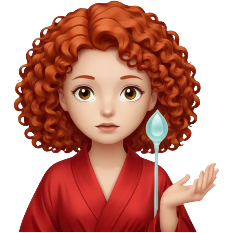 Cartoon emoji of a girl with voluminous curly red hair, fair skin, warm brown eyes. Wearing a chic milky silk robe with long sleeves, no makeup. Portrait mode, holding a gua sha, looking doubtful and unsure. Smooth, simple, stylized." emoji