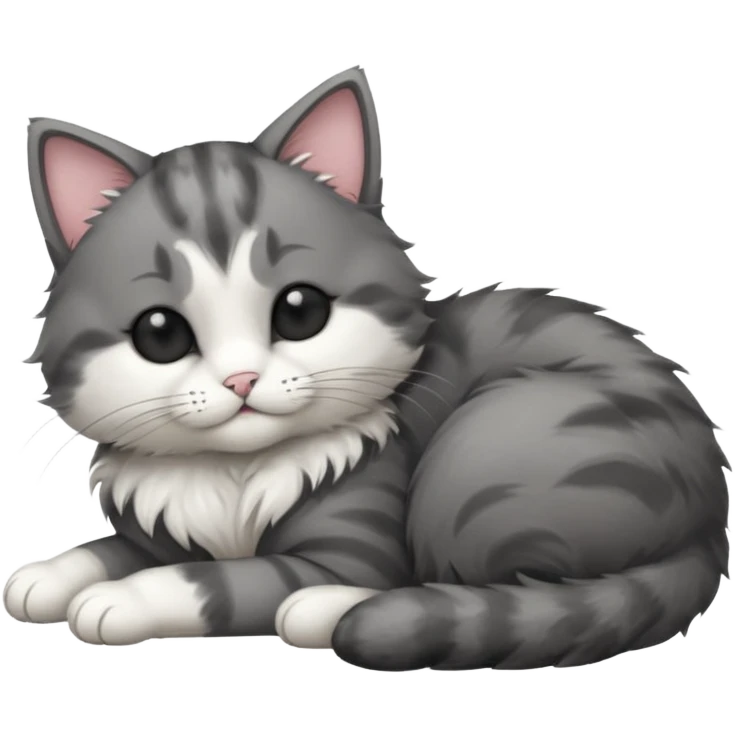 dark grey and white small cat with his eyes closed lying down leaning on its elbow with its paw curled under its head holding it up emoji
