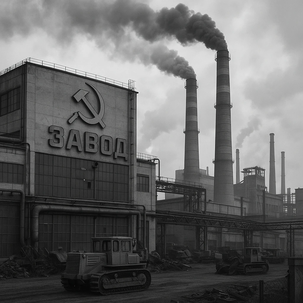 Soviet heavy equipment plant, factory exterior, hammer and sickle, smokestacks, industrial landscape emoji