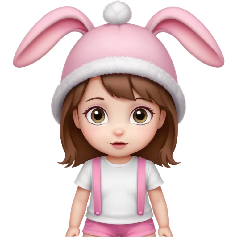 Cute emoji baby girl with big eyes, brown hair, bunny ear pink hat, white t-shirt and pink shorts. emoji