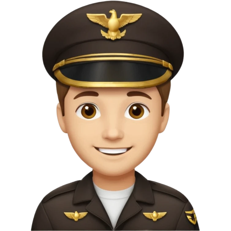 A light-skinned man with short brown hair, brown eyes, and a cheerful smile, wearing a dark pilot cap with a gold emblem. emoji