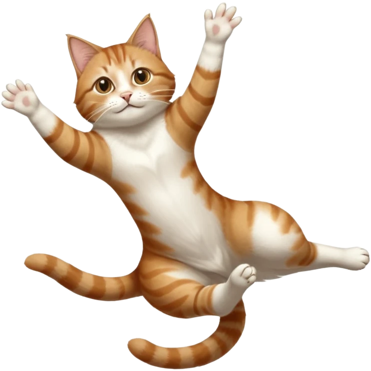 brown tabby and white cat with doing a big extremely long stretch reaching up into the air with arms and legs side by side together straight and overextended whilst lying on its side emoji