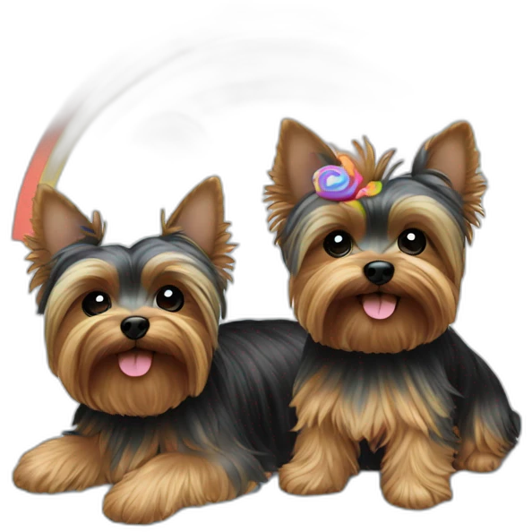 Two Yorkies on a cloud with rainbow emoji