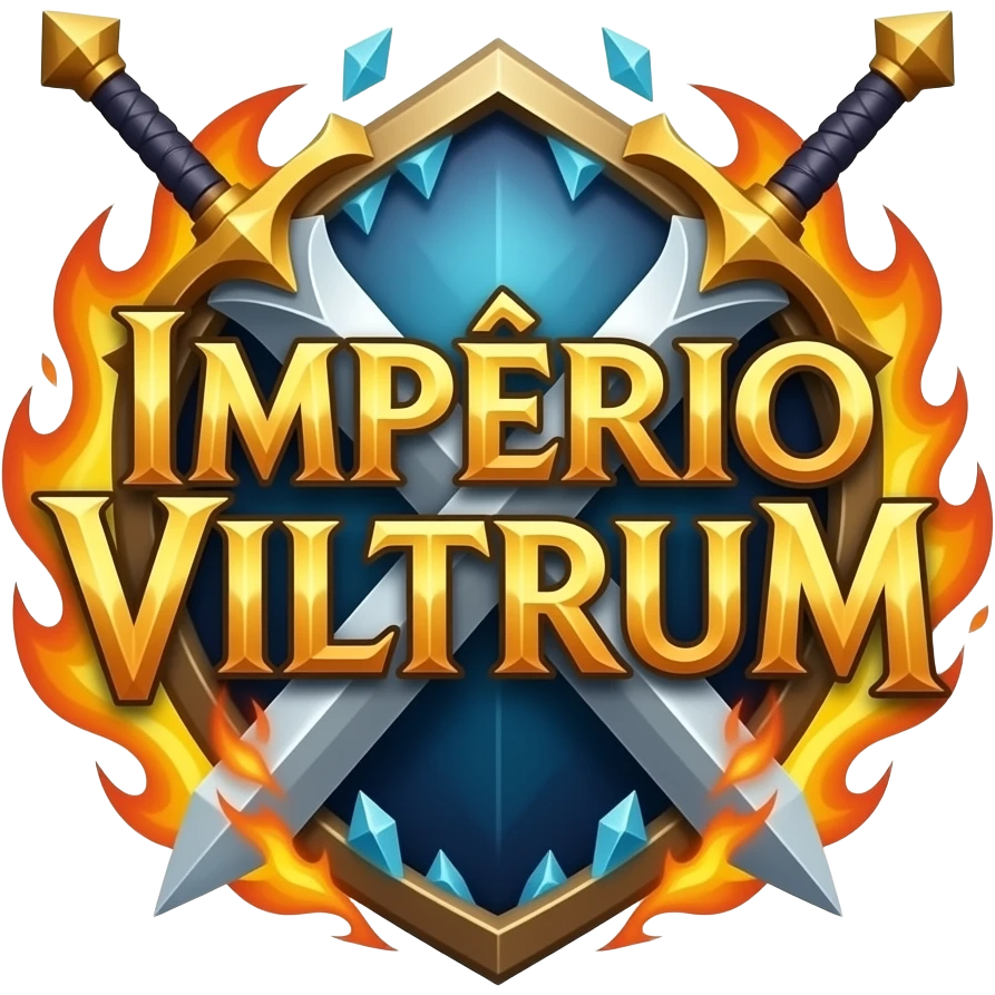 logo para guilda de rpg escrito IMPÉRIO VILTRUM com espadas de magia, ao redor da logo com fogo e gelo com acento no é emoji